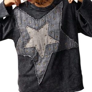 Oversized Star Patchwork Long Sleeve Knit Top Mixed Media Quilted Star Patch